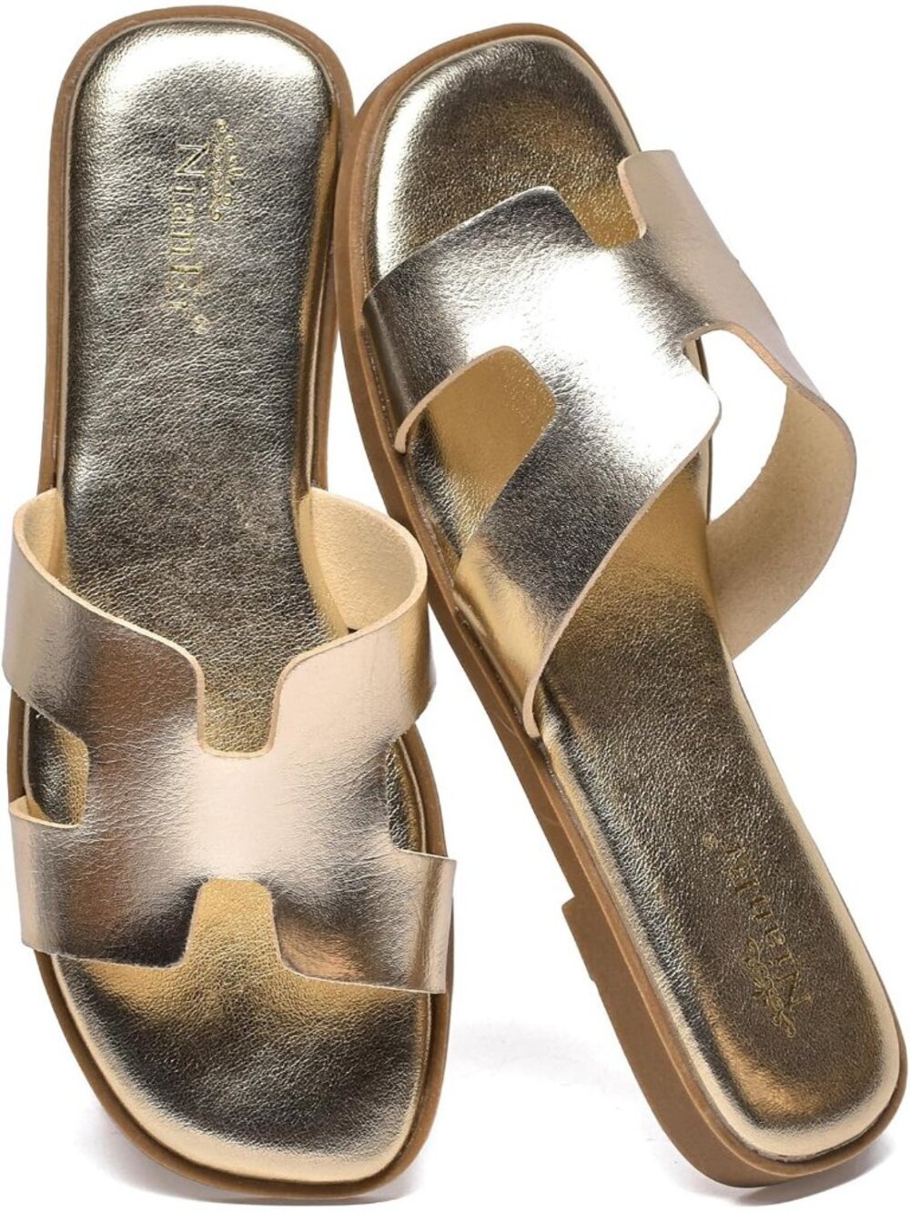NianEr Women's Gold Leather Comfortable Casual Summer Flats Sandals Shoes